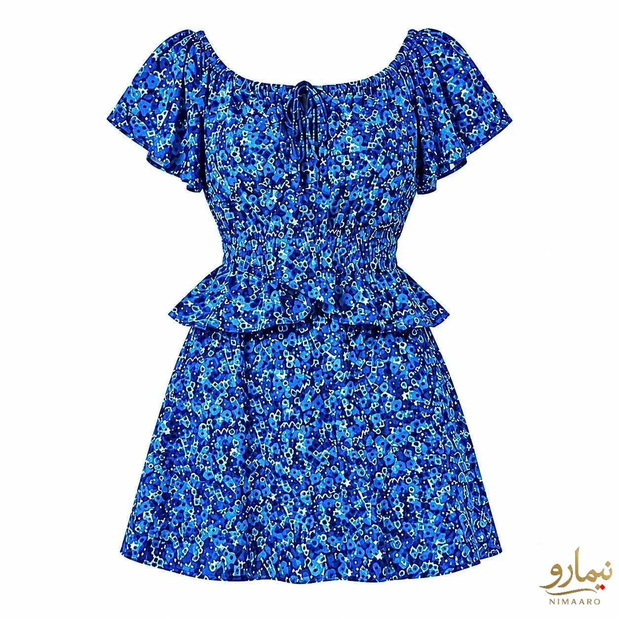 small-floral-boat-neck-dress-1 پیراهن یقه قایقی گل ریـز آبی-فروشگاه نیمارو