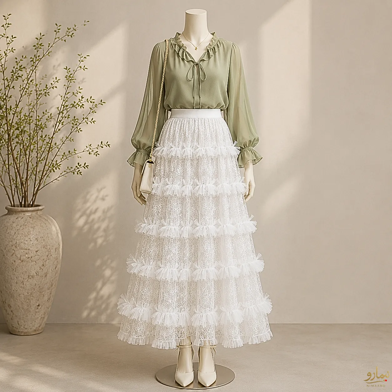 ست دامن سفید با پیراهن سبز -فروشگاه نیمارو