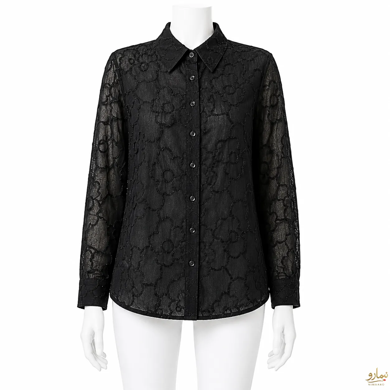 sheer-floral-embroidered-blouse-3 شومیز شیشه ای سوزندوزی گل مشکی - فروشگاه نیمارو
