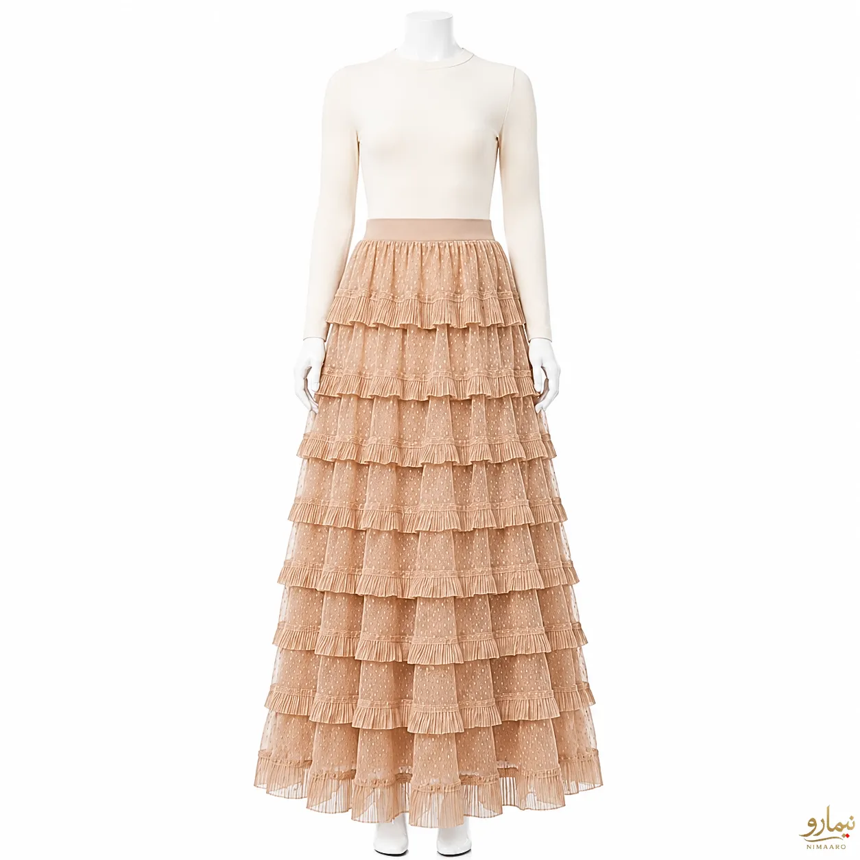 tiered-polka-dot-tulle-skirt-2 دامن تور خال خالی طبقه ای کرم - فروشگاه نیمارو