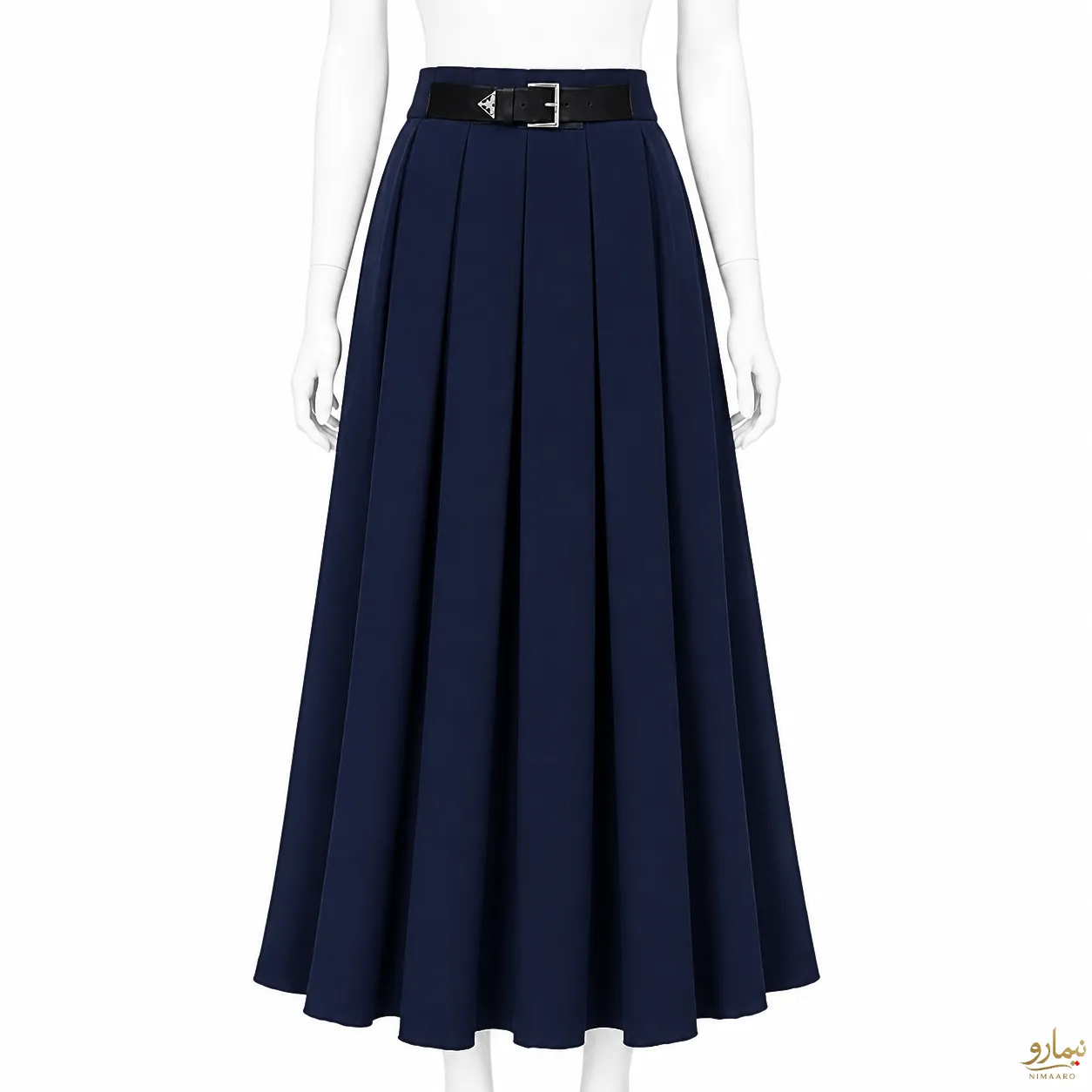 belted-twill-crepe-pleated-skirt-6 دامن کرپ کج راه کمربند دوخت پیلی کات سرمه ای - فروشگاه نیمارو