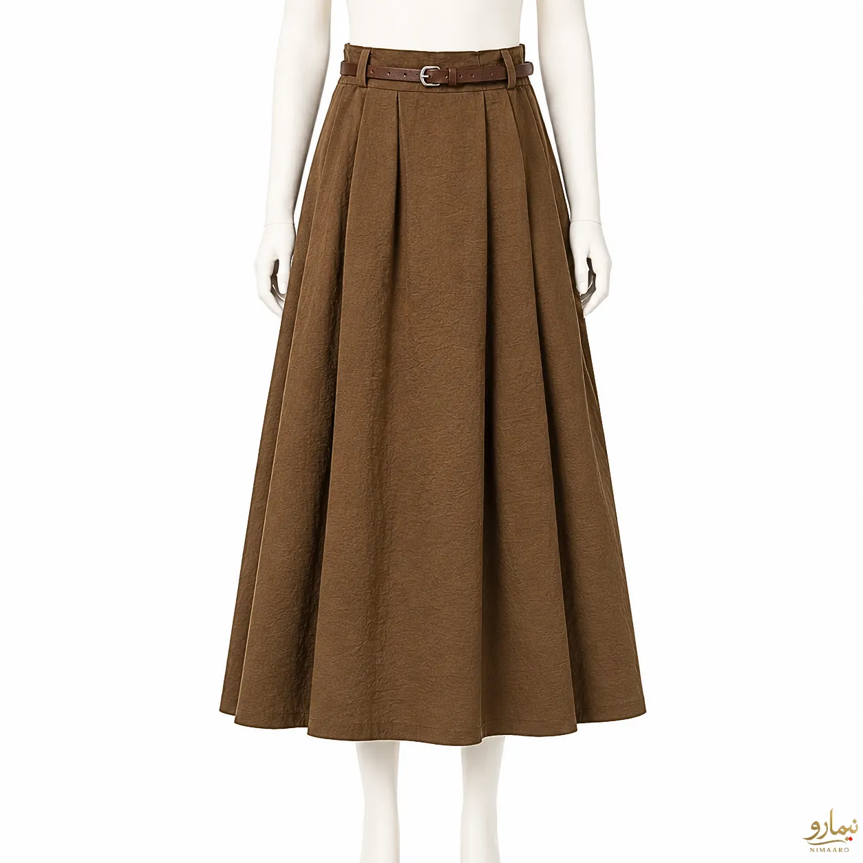 cotton-silk-blend-3-pleat-skirt-1 دامن کتان سیلک سه پیله قهوه ای - فروشگاه نیمارو