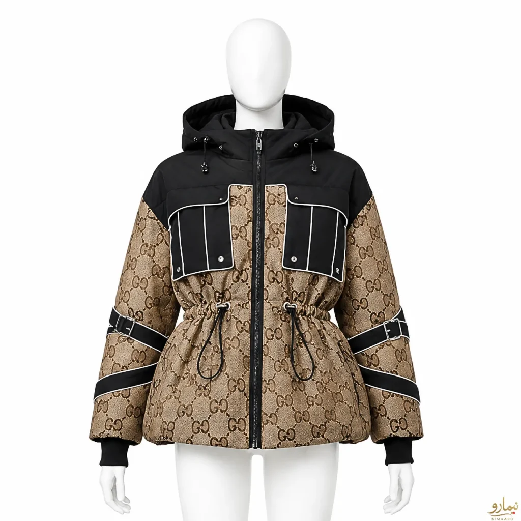 کاپشن ترکیبی کمر گتر Gucci قهوه ای - فروشگاه نیمارو