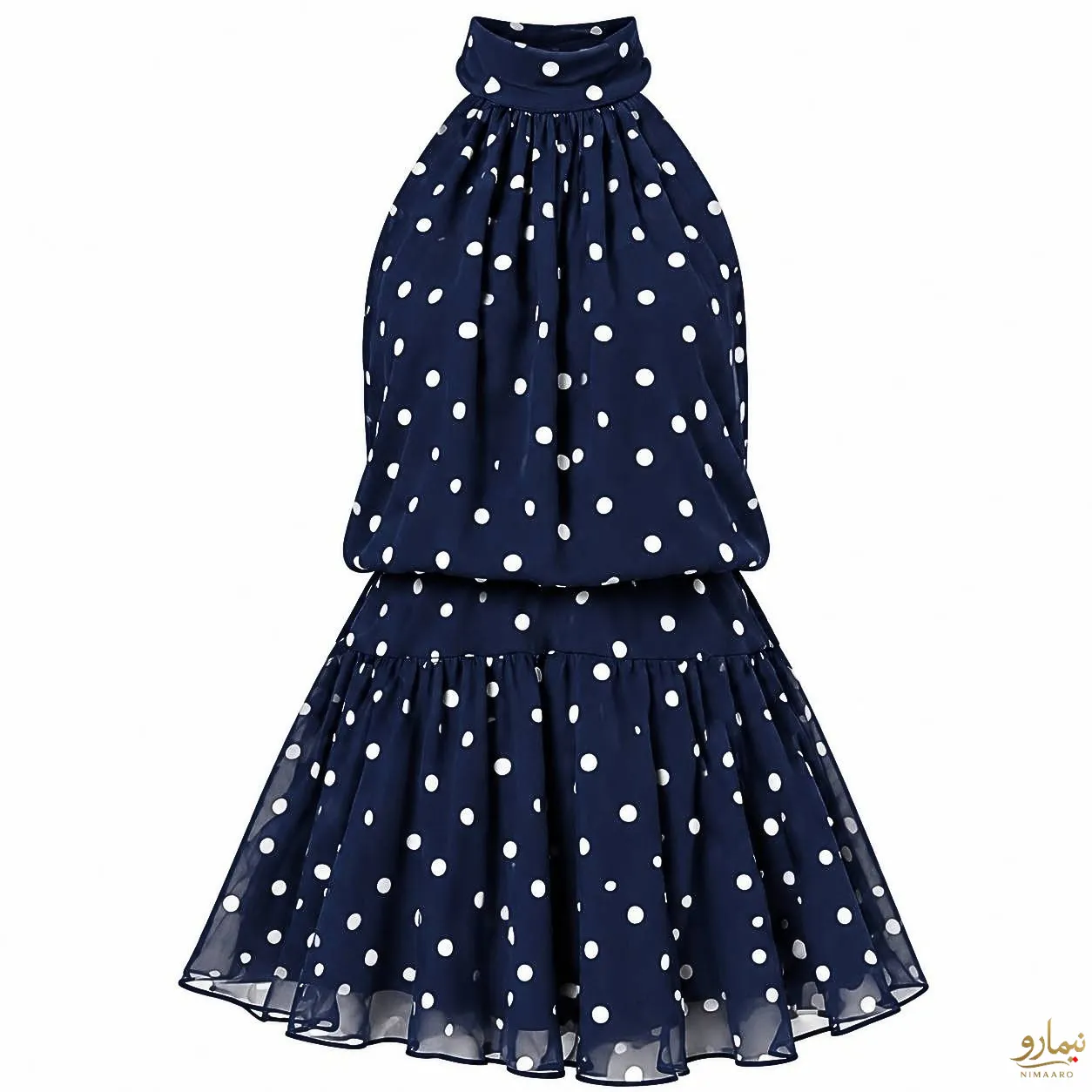 backless-polka-dot-mini-dress-1 پیراهن کوتاه بکلس توپ توپی سرمه ای - فروشگاه نیمارو