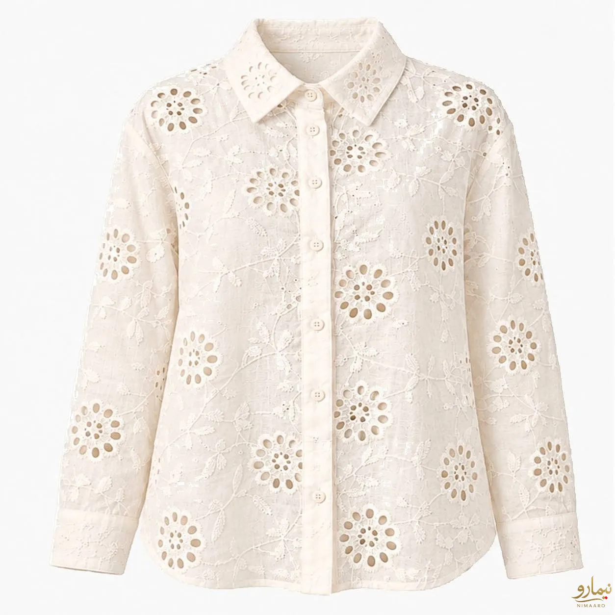 linear-floral-eyelet-blouse-4 (2) شومیز خامه دوزی گل پسته شیری - فروشگاه نیمارو