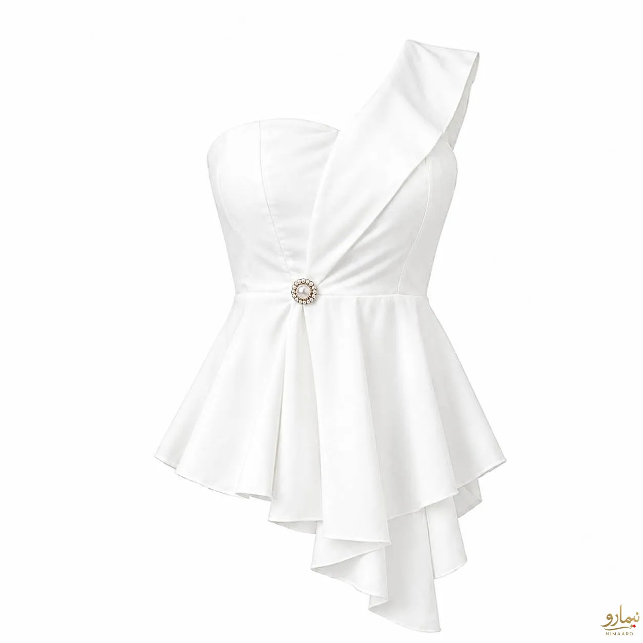 one-shoulder-single-button-blouse-2 (1) شومیز یقه رومی تـک دکمه سفید - فروشگاه نیمارو
