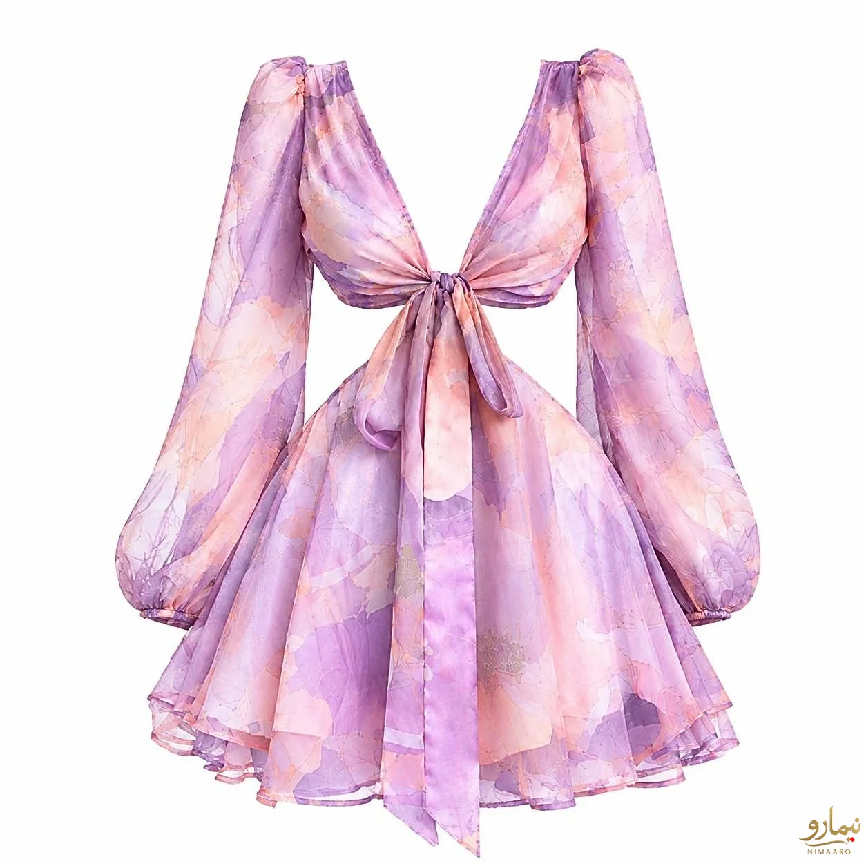 sheer-watercolor-backless-mini-dress-2 (1) پیراهن کوتاه شیشه ای آبرنگی بکلس - فروشگاه نیمارو