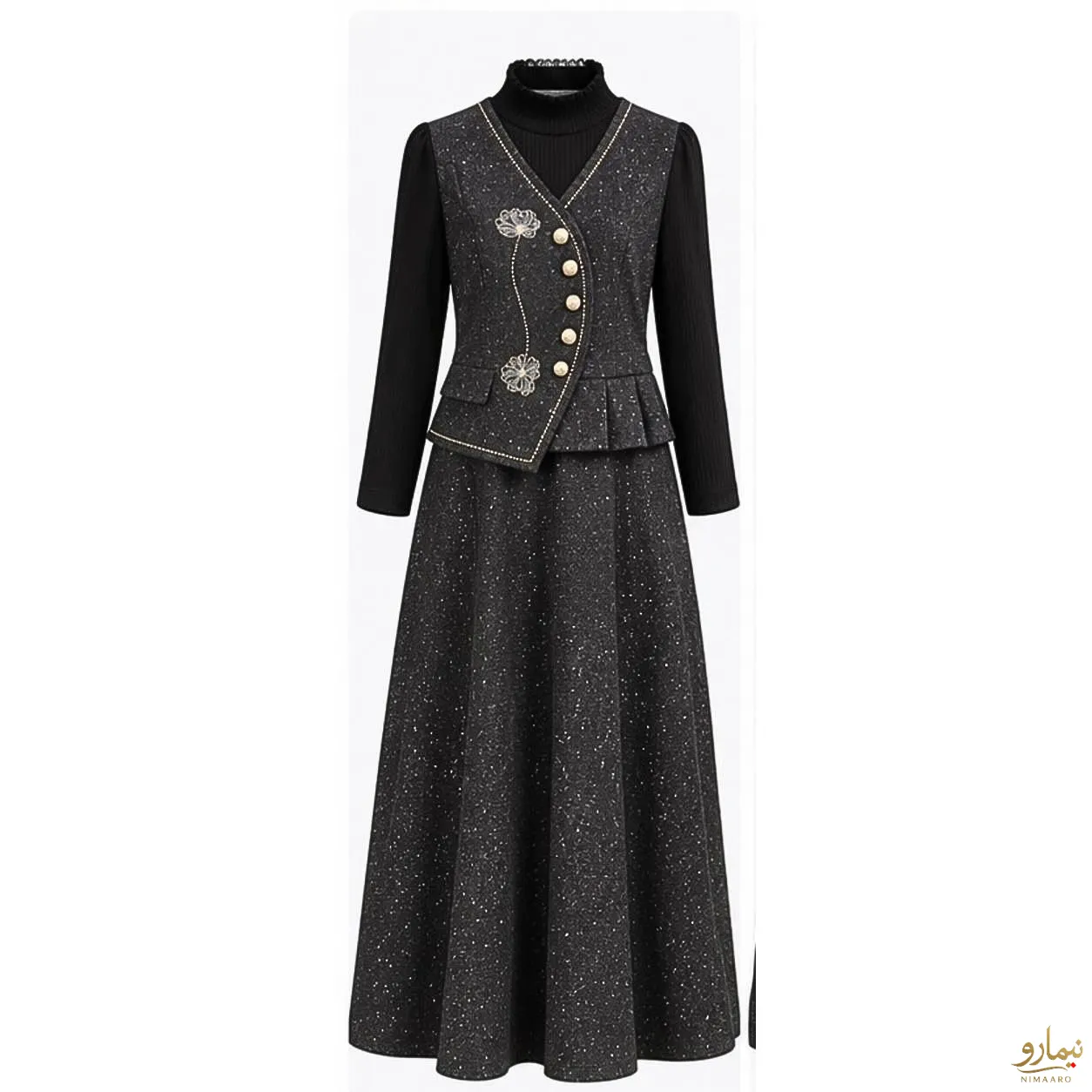 embroidered-side-button-dress-vest-1 پیراهن جلیقه دکمه کج گلدوزی طوسی - فروشگاه نیمارو