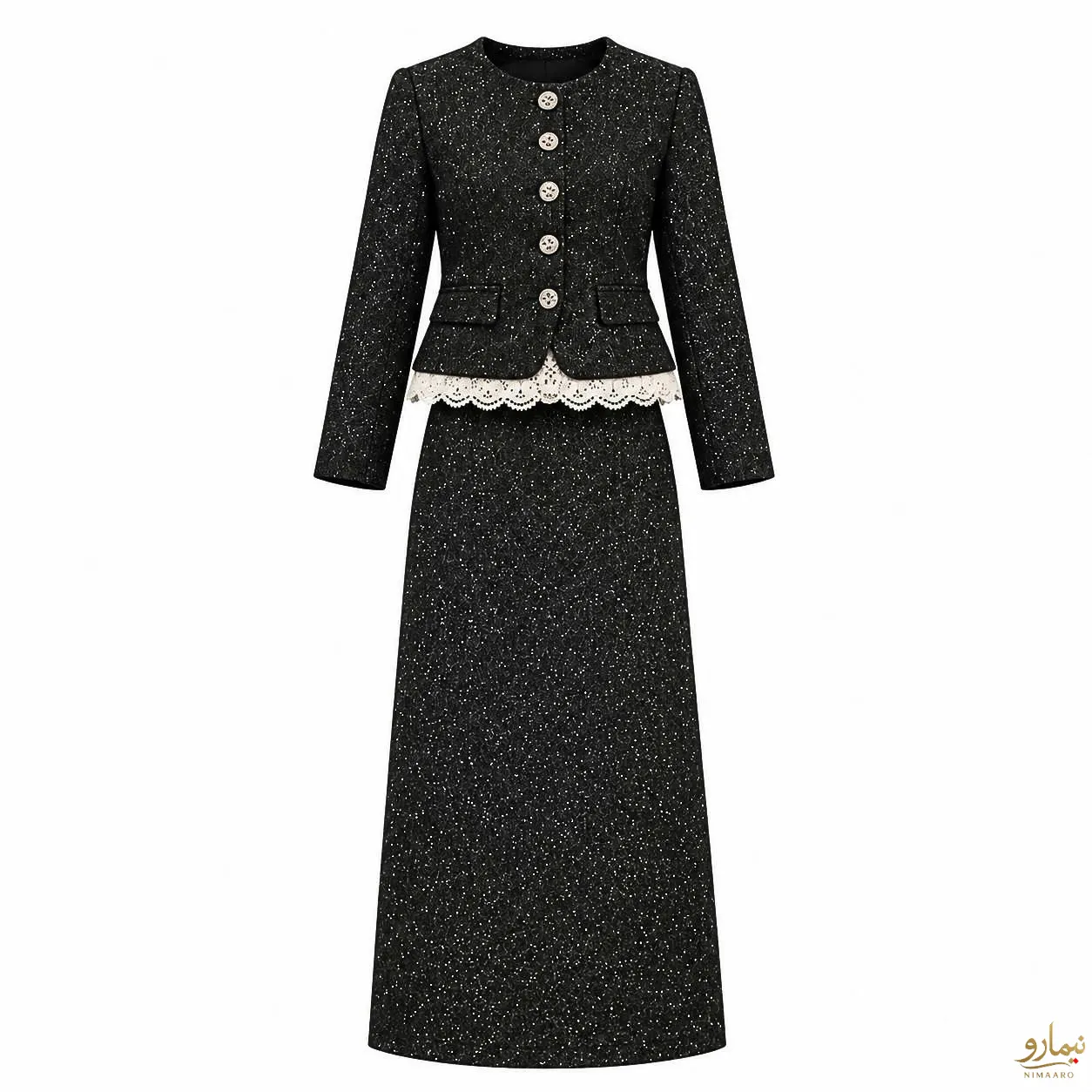 shimmer-lace-trim-blazer-skirt-set-1 دوتیکه کت و دامـن نوار گیپور شاین - فروشگاه نیمارو