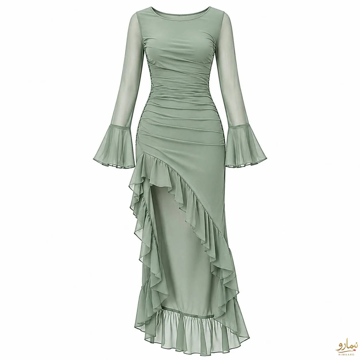 stretchy-tulle-cascading-hem-dress-1 پیراهن تور کش پایین آبشاری سبز - فروشگاه نیمارو